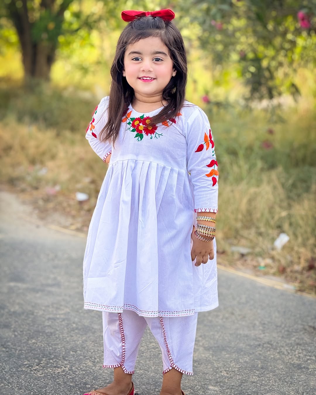 Girls White Doriya Lawn Dress with Multi-Colored Hand Embroidery