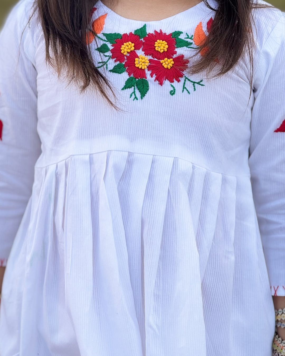 Girls White Doriya Lawn Dress with Multi-Colored Hand Embroidery