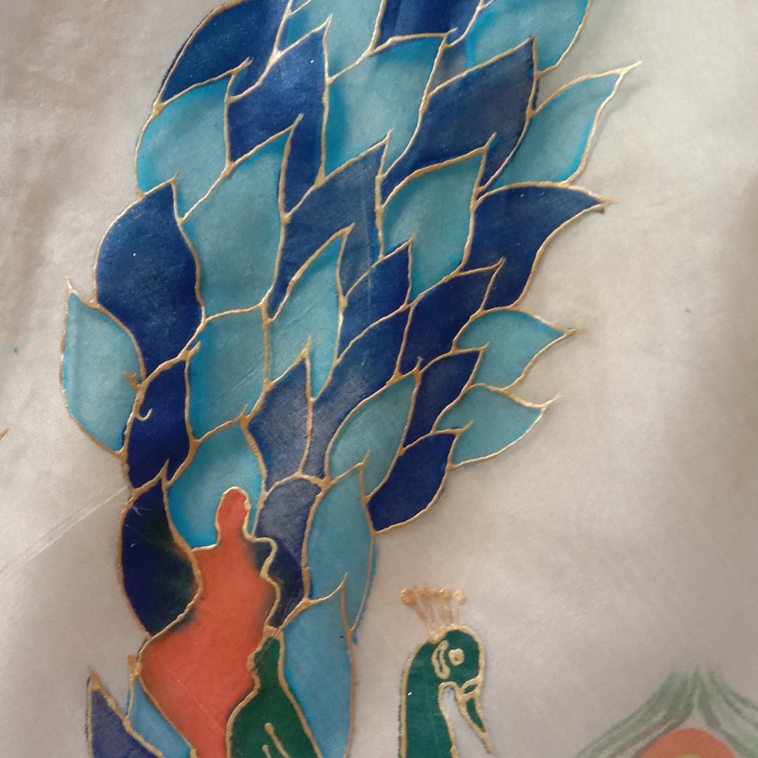 Hand-Painted Raw Silk Lehenga – Elegant Motive Peacock Design