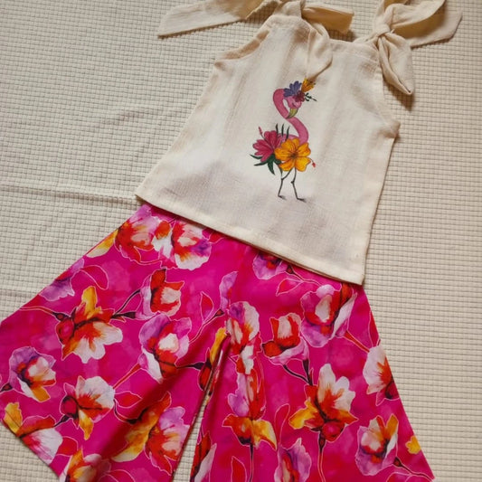 Hand-Painted Flamingo Lawn Set – Stylish Plazo Pants for Kids