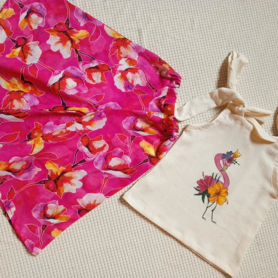 Hand-Painted Flamingo Lawn Set – Stylish Plazo Pants for Kids