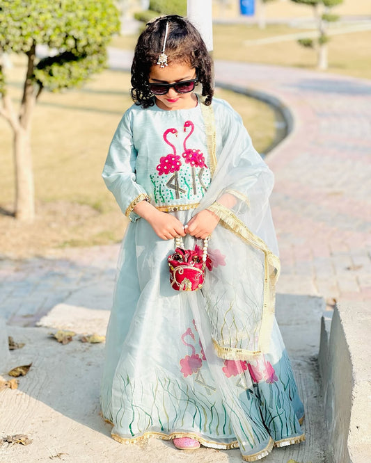 Elegant Hand-Painted Raw Silk Lehnga for Girls