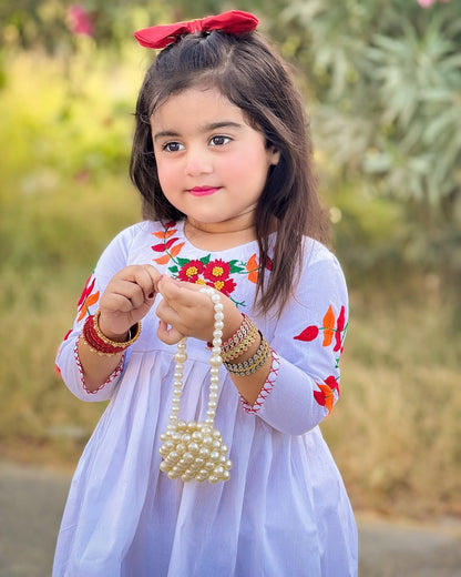 Girls White Doriya Lawn Dress with Multi-Colored Hand Embroidery
