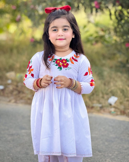 Girls White Doriya Lawn Dress with Multi-Colored Hand Embroidery