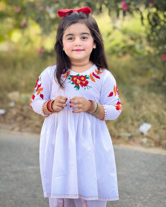 Girls White Doriya Lawn Dress with Multi-Colored Hand Embroidery
