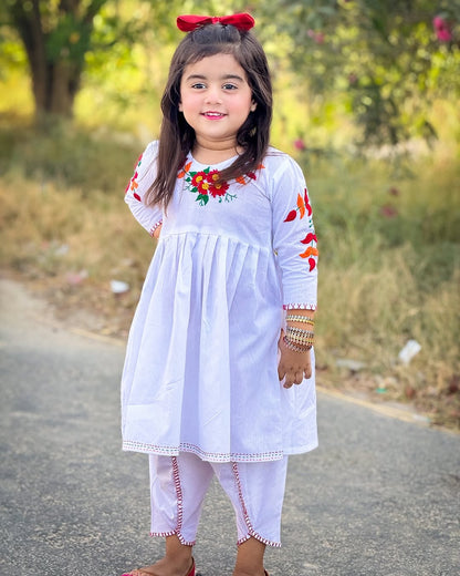 Girls White Doriya Lawn Dress with Multi-Colored Hand Embroidery