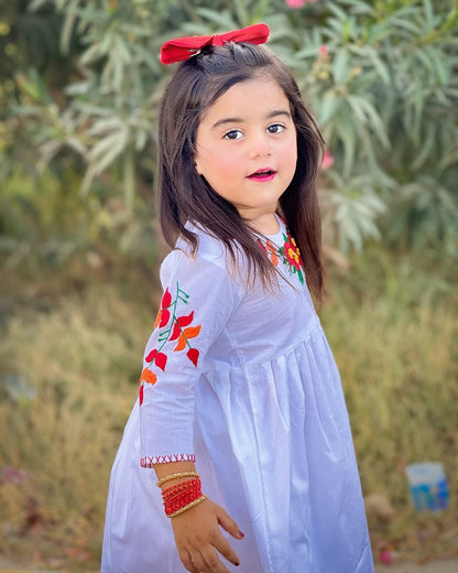 Girls White Doriya Lawn Dress with Multi-Colored Hand Embroidery