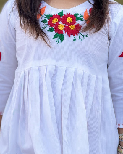 Girls White Doriya Lawn Dress with Multi-Colored Hand Embroidery