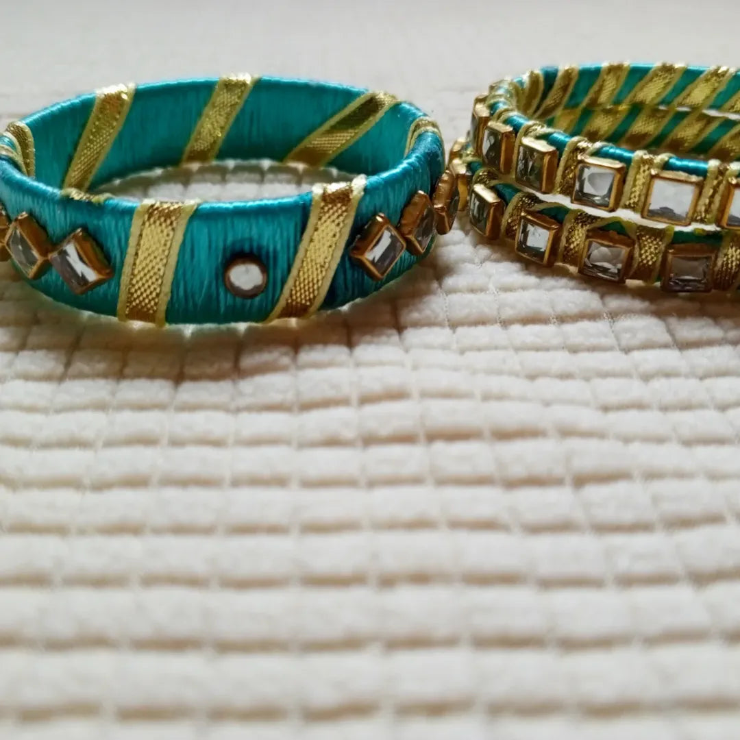 Ocean Blue & Golden Ribbon Mirror Work Bangles