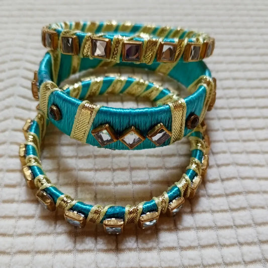 Ocean Blue & Golden Ribbon Mirror Work Bangles