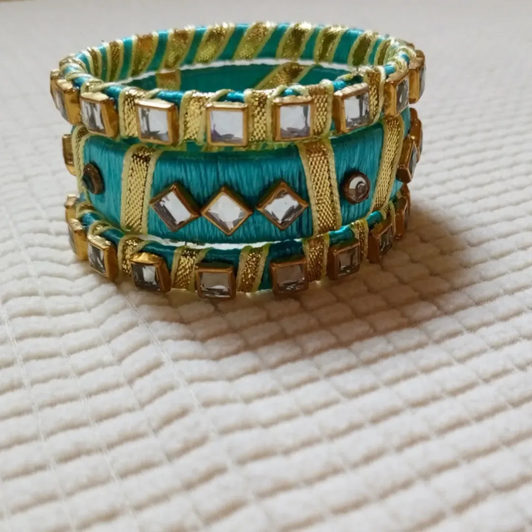 Ocean Blue & Golden Ribbon Mirror Work Bangles