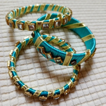Ocean Blue & Golden Ribbon Mirror Work Bangles