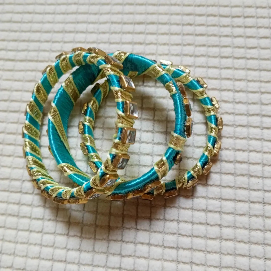Ocean Blue & Golden Ribbon Mirror Work Bangles