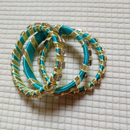 Ocean Blue & Golden Ribbon Mirror Work Bangles