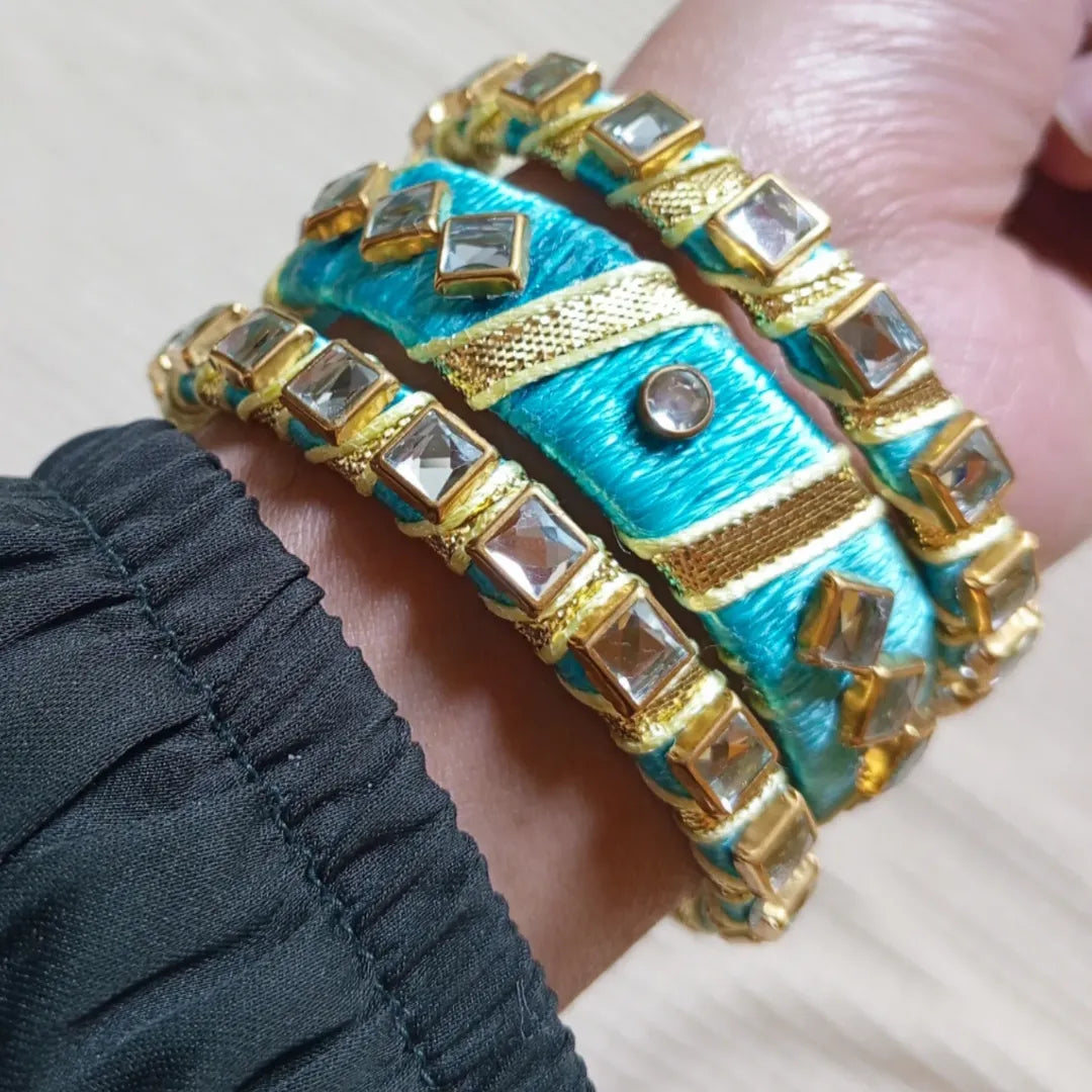 Ocean Blue & Golden Ribbon Mirror Work Bangles