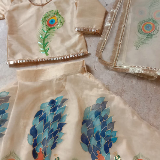 Hand-Painted Raw Silk Lehenga – Elegant Motive Peacock Design