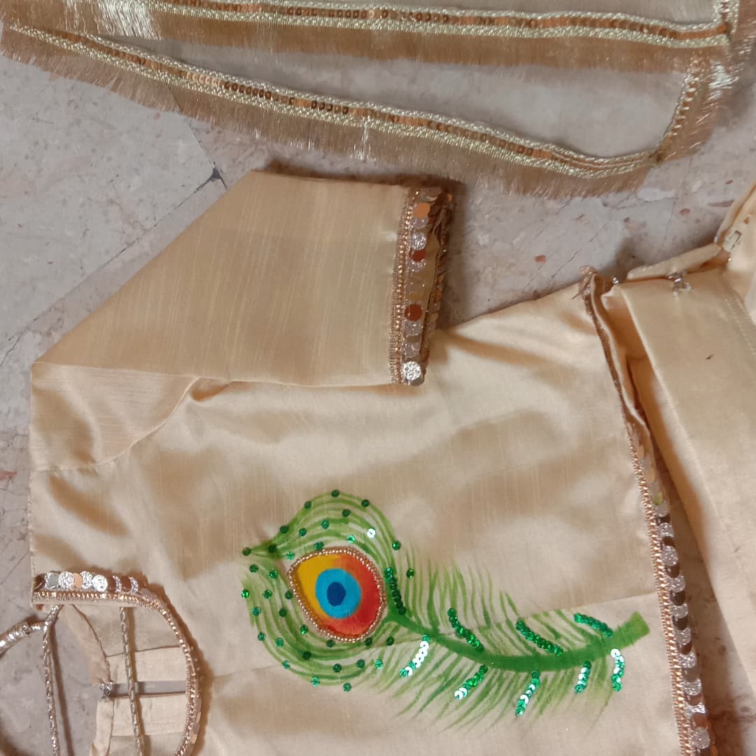 Hand-Painted Raw Silk Lehenga – Elegant Motive Peacock Design