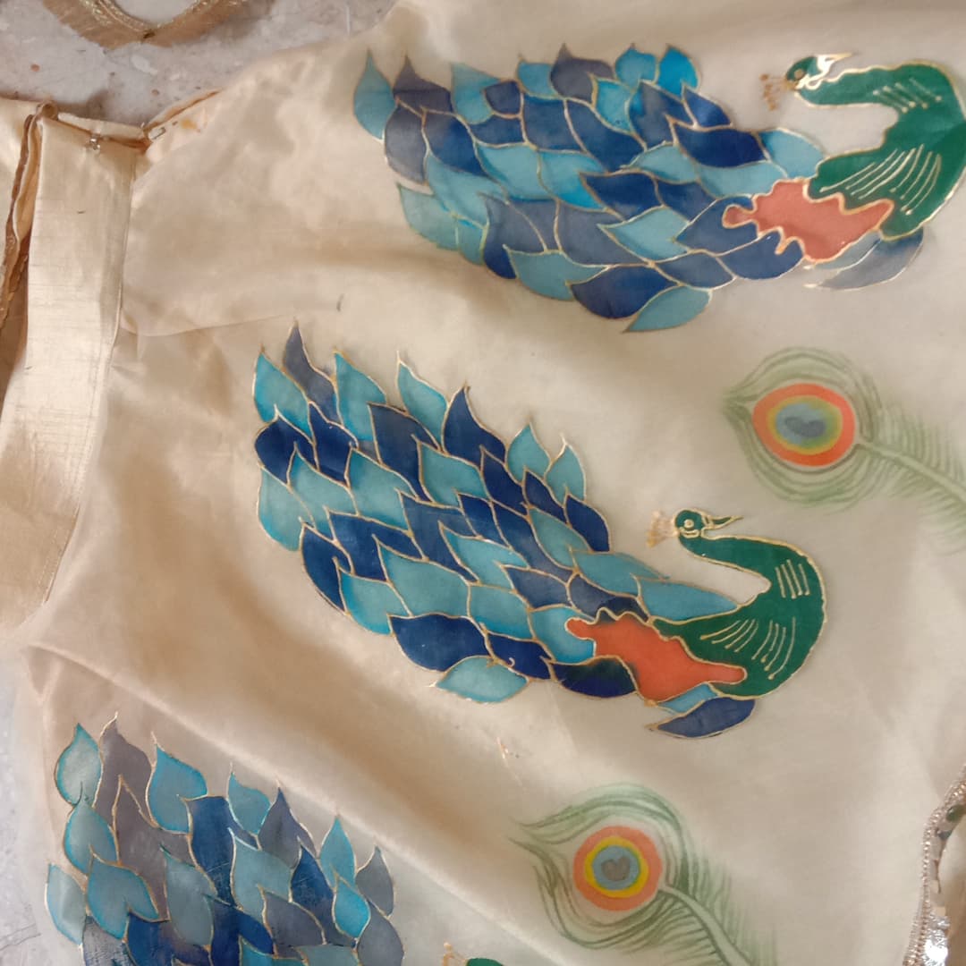 Hand-Painted Raw Silk Lehenga – Elegant Motive Peacock Design